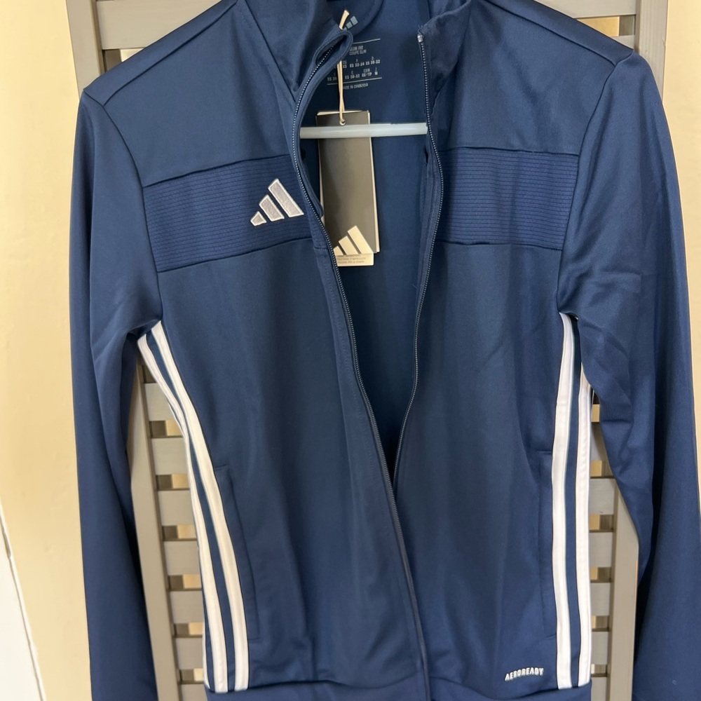 Adidas Women's Blue Bomber Jacket with White Accents